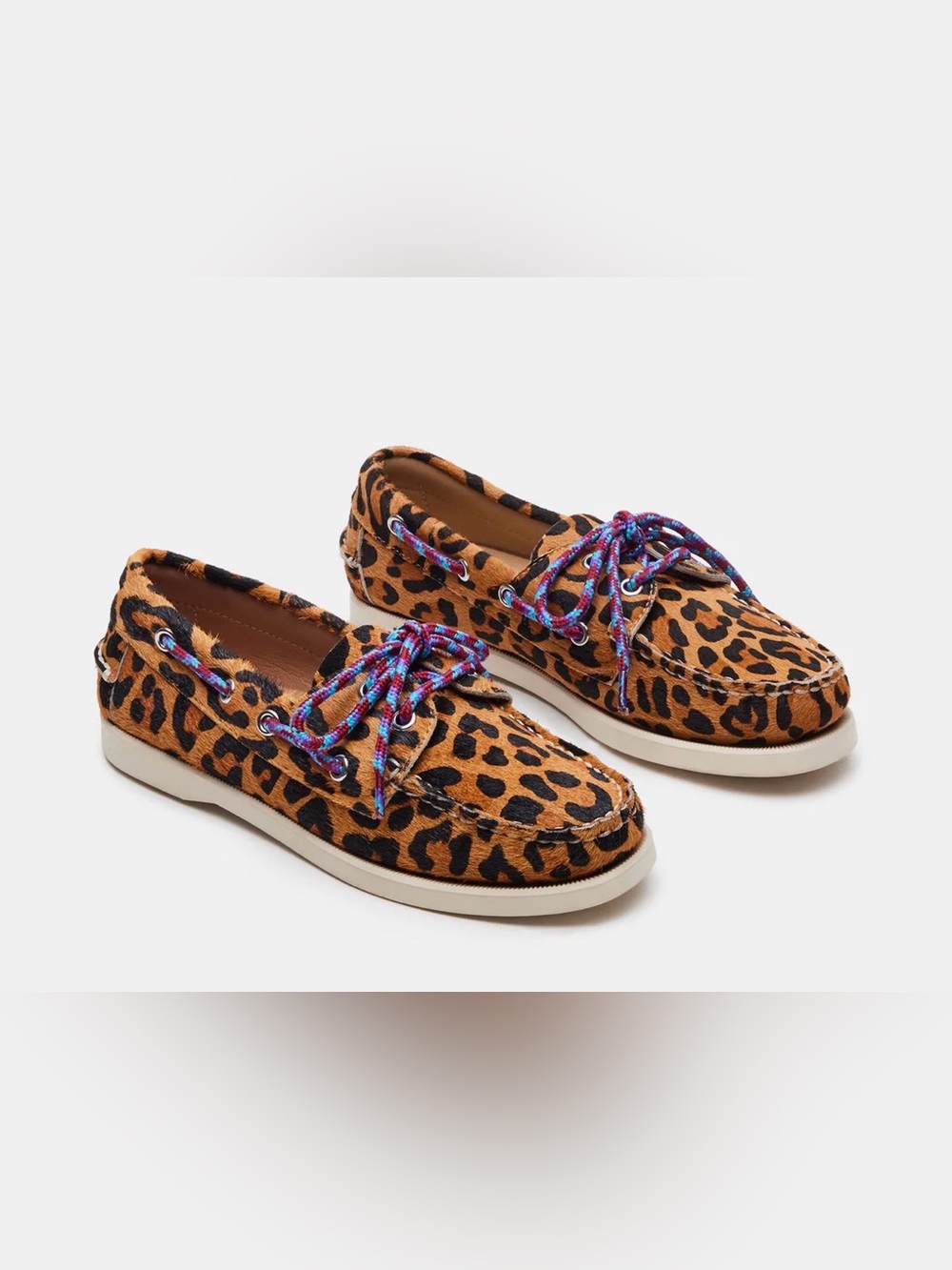 🐆NEW Steve Madden Sail Leopard Print Calf Hair Boat Shoes with Colorful Laces🐆